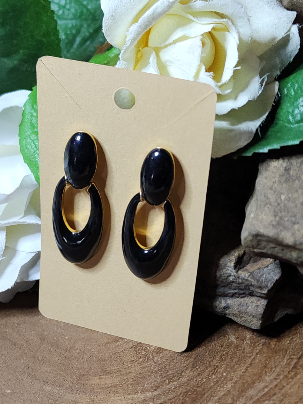 Signed Monet Black and Gold Oval Drop Pierced Earrings